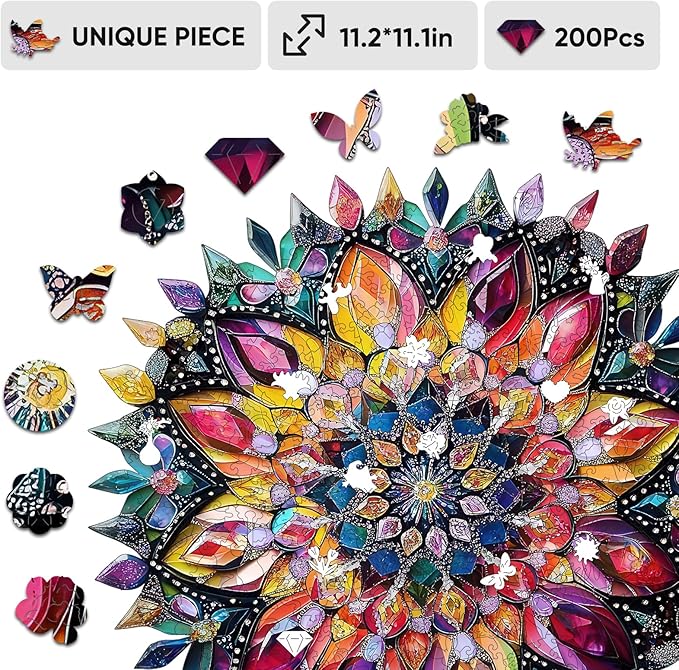 Wooden Jigsaw Puzzles - Diamond Mandala Wooden Puzzles for Adults, 500 Pcs King Size 16.7'' x 16.7'', Luxurious Shaped Wood Puzzle, Beautiful Package, Best Gift for Adults and Kids, Family Game