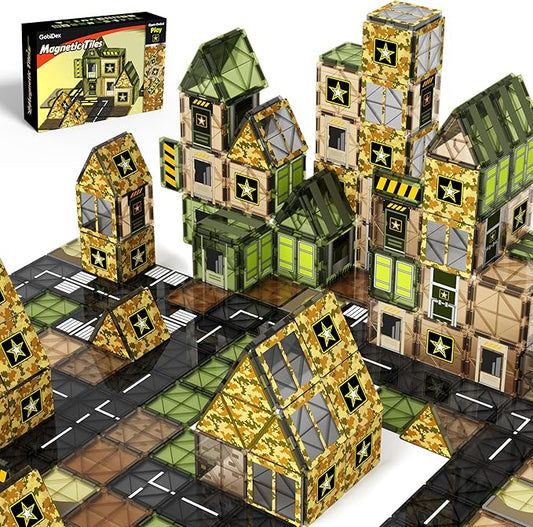 48PCS Army Magnetic Tiles Building Toys for Boys 3+, Military Magnetic Blocks for Toddlers STEM Construction Preschool Toys for Kids, Upgraded Sensory Magnets for Kids Birthday Gifts