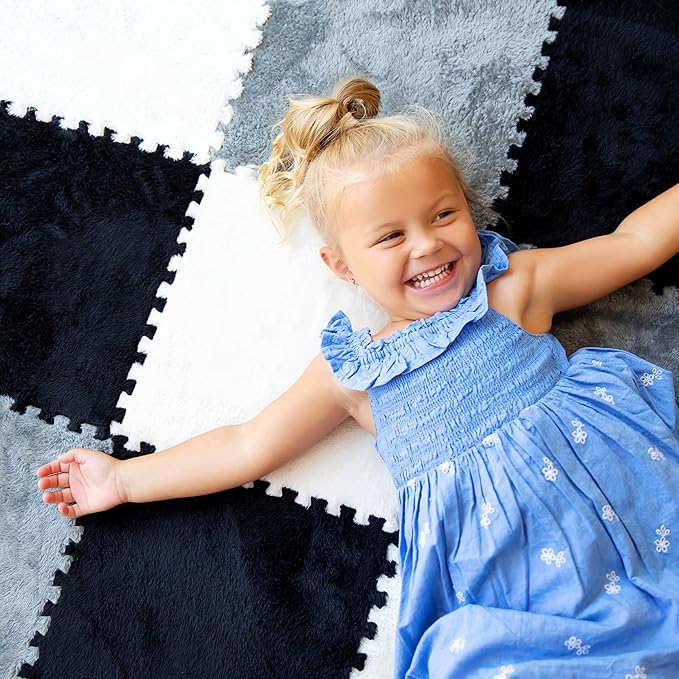 16 Piece Carpet Squares Puzzle Mat 49" x 49" Plush Interlocking Carpet Tiles, Foam Floor Tiles for Baby Play Mat - Kids Soft Play Mats Anti Slip Jigsaw Flooring Playmat Playroom Rug (Black,Gray,White)