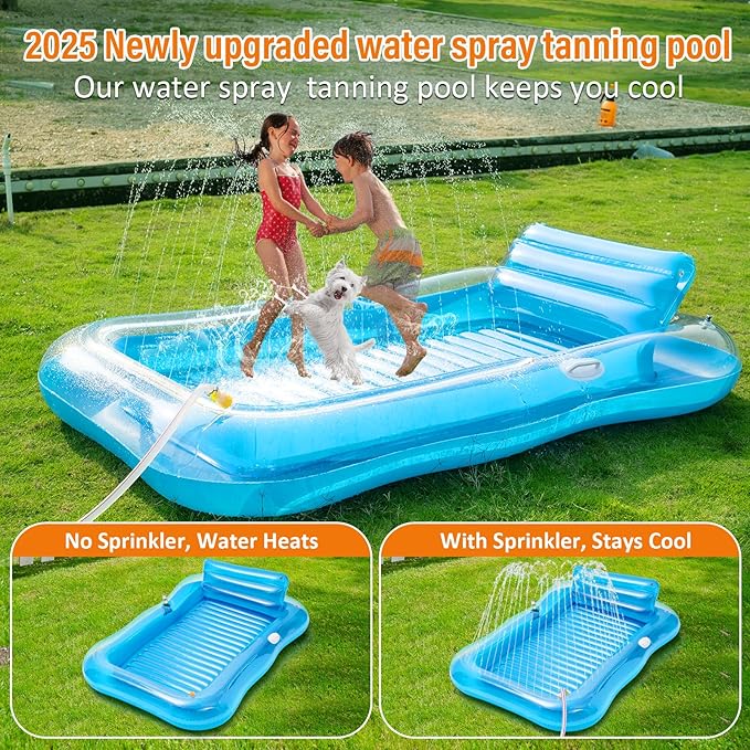 Inflatable Tanning Pool Lounger Float with Sprinkler, 78" x 48" Pool Floats Adult with Pillow, 3 in 1 Blow Up Tanning Bed, Suntan Tub Raft Floatie for Pools, Beach, Backyard Summer Water Party