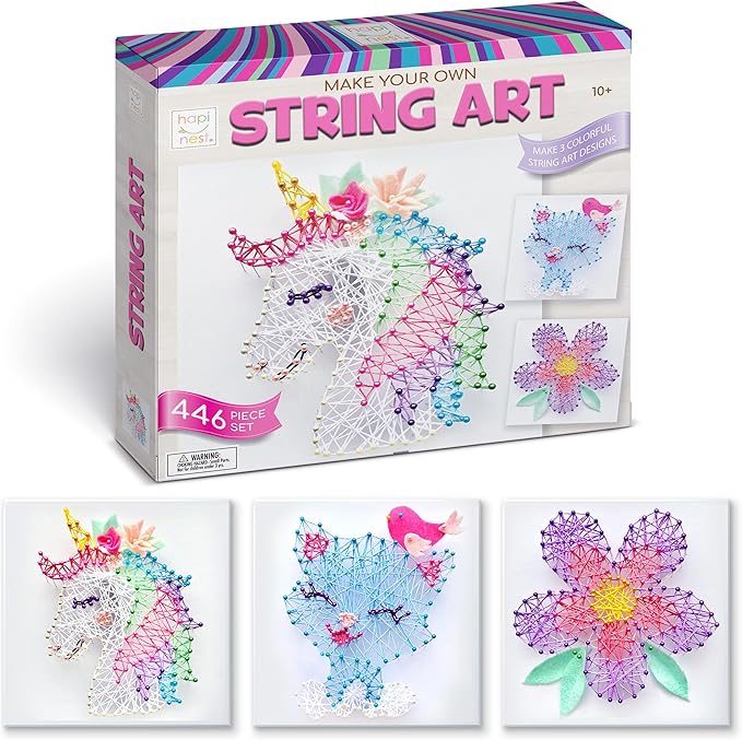 Hapinest String Art Craft Kit for Kids Ages 10-12 and Up, 3D String Art Kit Crafts for Teens, Birthday Gifts for Tween Girls Ages 10 11 12 Years Old and Up, Makes 3 Designs - Unicorn, Cat, and Flower