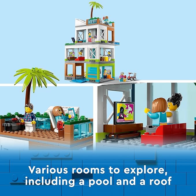 LEGO My City Apartment Building 60365 Toy Set with Connecting Three Floor Room Modules, Includes a Mobility Scooter, Bike and 6 Minifigures for Imaginative Role Play, Fun Gift Idea for Kids