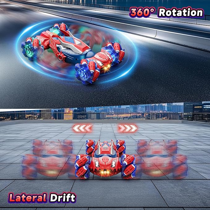 Remote Control Car Boys Toys: RC Cars 360°Flip 2.4Ghz Double Sided 4WD Transform Off Road for Rotating Hand & Remote Control Drift Stunt Cars Toy 6 7 8 9 10 11 12 Year Old Kids Girls (Red)