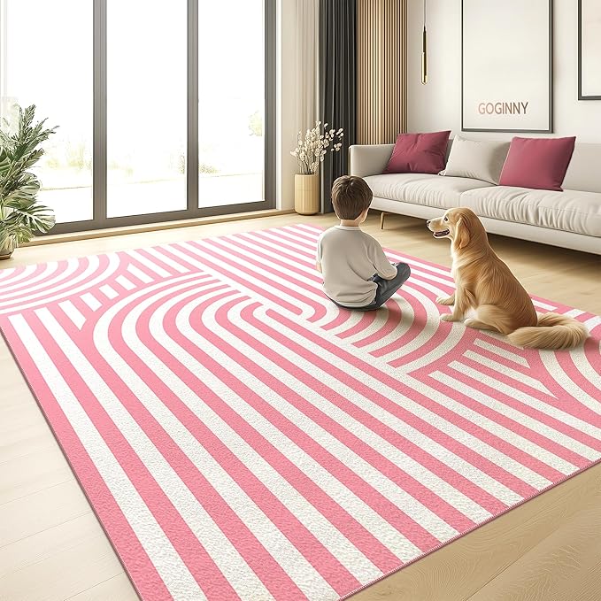 Washable 4x6 Modern Area Rug for Living Room, Pink Minimalist Aesthetic Abstract Boho Large Rugs, Ultra-Thin Low Pile Soft Nonslip Indoor Floor Carpet for Office Bedroom Playroom Classroom Dorm