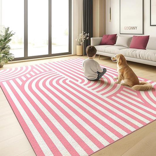 Washable 5x7 Modern Area Rug for Living Room, Pink Minimalist Aesthetic Abstract Boho Large Rugs, Ultra-Thin Low Pile Soft Nonslip Indoor Floor Carpet for Office Bedroom Playroom Classroom Dorm