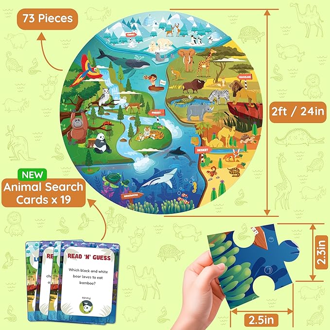 Jumbo 70 Piece Round Floor Puzzles for Kids Ages 3-5, 6-8, Large Jigsaw Puzzle with Educational Flash Cards and 3D Figures | Educational Gift (Animal Safari)
