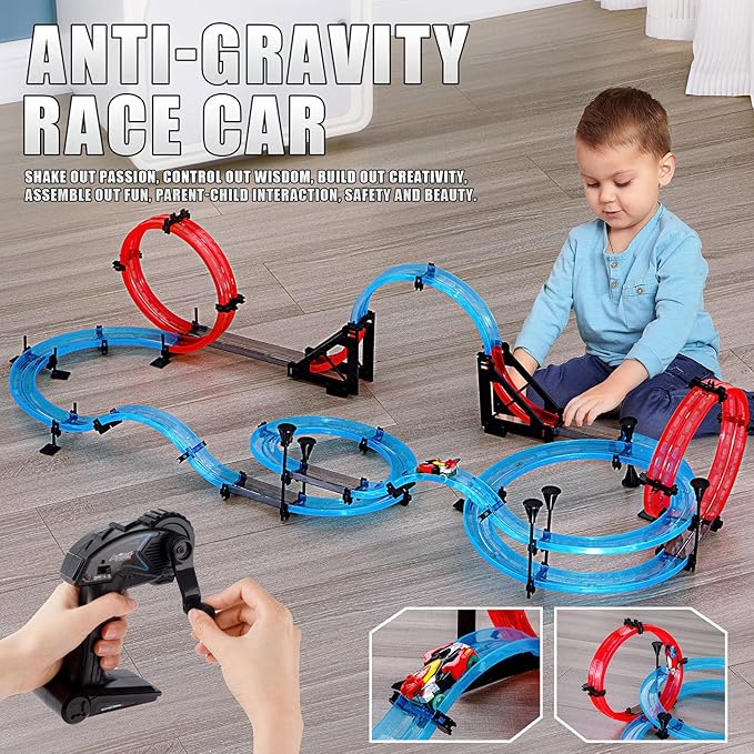 Slot Car Race Track Sets for Kids, Hot Magnetic Attraction Track Builder, Electric Remote Control Track Car Birthday Toys for Boys Kids Age 6 7 8-12