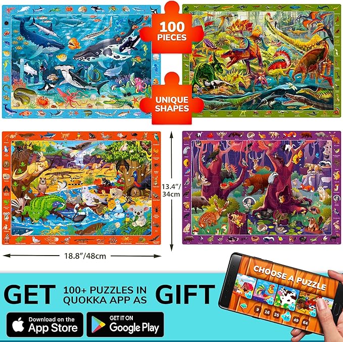 QUOKKA Floor Puzzles for Kids Ages 6-8 - Kids Puzzles Ages 8-10 - 4 Set 100 Piece Search and Find Animal Jigsaw Puzzle for Childrens 4-6 - Learning Educational Toys for 3 Year Old Boys and Girls
