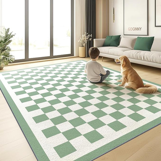 Washable 8x10 Checkered Area Rug for Living Room, Sage Green Checkerboard Modern Boho Large Rugs, Ultra Thin Low Pile Lightweight Indoor Carpet with Non-Slip Backing for Bedroom Kids Nursery Playroom