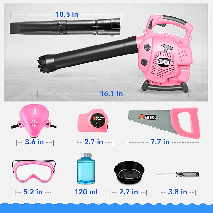 Bubble Leaf Blower for Toddlers - Upgrade Pink Kids Bubble Machine with Gardening Tool Set, 2 in 1 with Extra Bubble Blower Kit Outdoor Play Toys, Birthday Party Gifts for Boys Girls Age 3 4 5+ Years