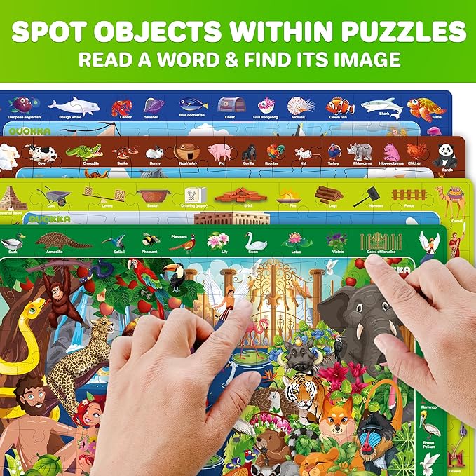 QUOKKA 60 Piece Kids Puzzles Ages 5-8 - Set of 4 Bible Jigsaw Puzzles for Kids 4-6-10 Year Old - Tower of Babel - Noah`s Ark - Eden Toys for Children 5-7 yo - Christian Gifts for Boys & Girls