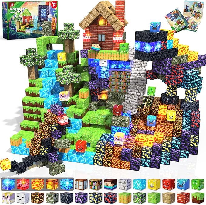 Magnetic Blocks - 150 PCS Dinosaur Volcano Forest Castle Set with Light Up Blocks - Kids Classroom Sensory Toy for Toddlers STEM, Construction Stacking Toy Kids 3+ Boys Girls Christmas Birthday Gifts