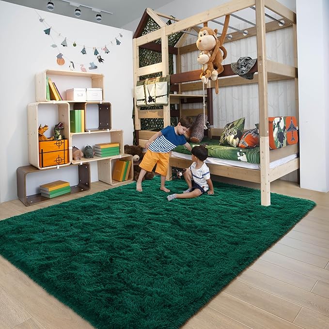 3x5 Dark Green Fluffy Bedside Area Rug Machine Washable, Small Shag Rugs Non Shedding for Living Room, Fluffy Carpet Anti Slip, Kids Playroom, Boy Girl Nursery