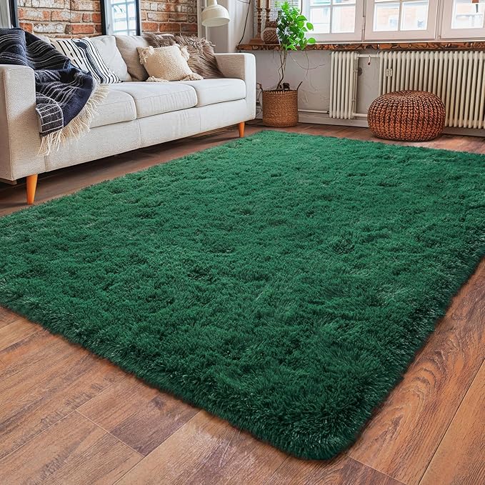 Super Soft Area Rugs for Living Room, 4x6 Feet Modern Shag Dark Green Rug, Fluffy Plush Non-Slip Green Carpet for Girls Boys Teens, Kids Home Decor for Bedroom Dorm Nursery Classroom, Carpets
