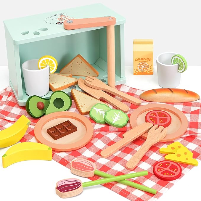 Wooden Toy Picnic Playset, 31 Pcs Wooden Play Food Sets for Kids Pretend Play Cutting Food Toys Toddlers Play Kitchen Accessories Gift for Girls Boys Age 3+