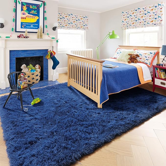 Amdrebio Navy Blue Area Rugs for Boys Bedroom, 5x7 Shag Fluffy Furry Plush Rug for Kids Room, Living Room Decor Aesthetic, Cool Royal Dark Blue Carpet for Baby Nursery Classroom Office Dorm Playroom