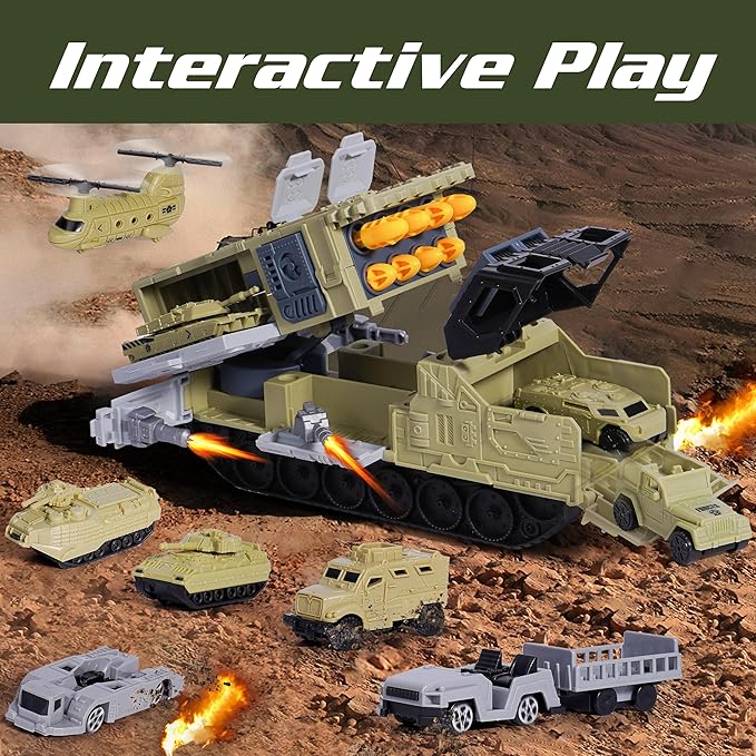 Military Tank Toy Sets with Launchable Missiles, Army Toys with 9 Vehicles, Helicopter Trucks Army Men Action Figures, Birthday Gift for Boys Age 4-7
