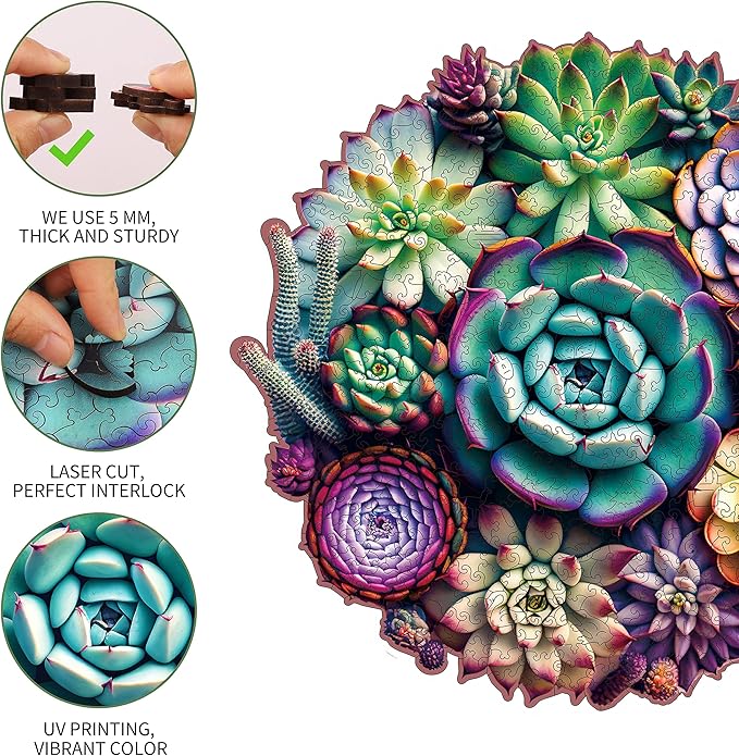 delobi Mandala Succulent Wooden Puzzles, 200 Pieces Jigsaw Puzzles 11.3'' x10.9'', Unique Design Liberty Wooden Puzzles for Adults and Kids, Family Game Gift Medium Size