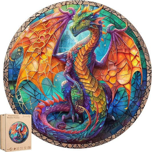 Wooden Puzzles for Adults, Winged Dinosaur Puzzle Color Challenge Jigsaw Puzzles 300 Piece Royal,12x12.6 in Thickened Unique Shapes Family Reunion Puzzle, Best Gift for Adults and Kids, Family Game