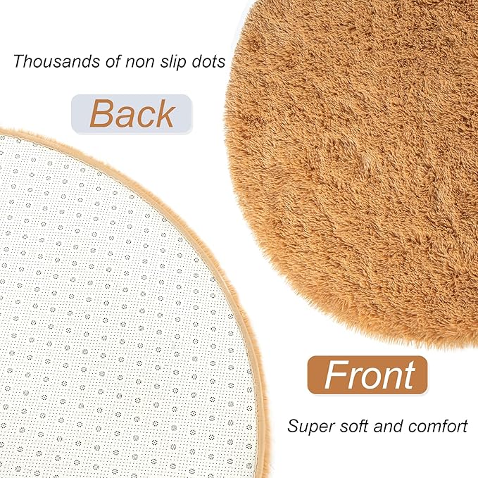 LOCHAS Luxury Round Fluffy Area Rugs for Bedroom Kids Girls Room Nursery, Super Soft Circle Rug, Cute Shaggy Carpet for Children Living Room, 4x4 Feet Khaki