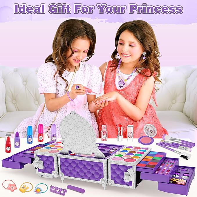 99 Pcs Kids Makeup Kit for Girls, Princess Toys Real Washable Cosmetics Set with Mirror, Hair Ties, Nails, Rings, Earrings, Necklace, Perfect for 3 4 5 6 7 8 Year Old Girls Birthday