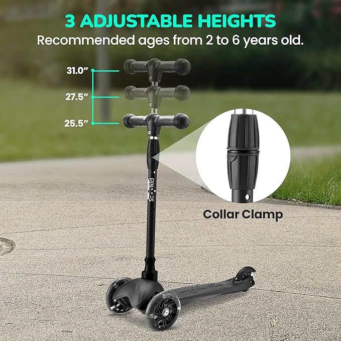 Hurtle Mini Kickboard Scooter for Kids – Height Adjustable 25-28 Inches, 3-Wheel Toddler Micro Scooter with LED Light-up Wheels, Lightweight Riding Toy, Non-Slip, Indoor/Outdoor Fun, Ages 2-5 (Pink)