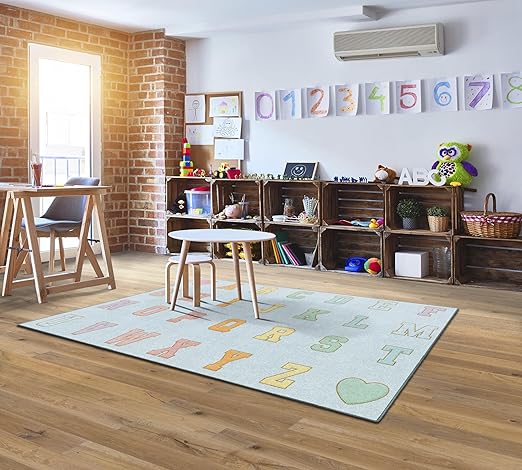 Flagship Carpets Schoolgirl Style Blue Pastel Alphabet Criss-Cross Applesauce Educational Area Rug for Kids Room Seating Décor, Children's Classroom, Play Carpet for Teaching and Playroom, 5' x 7'6"