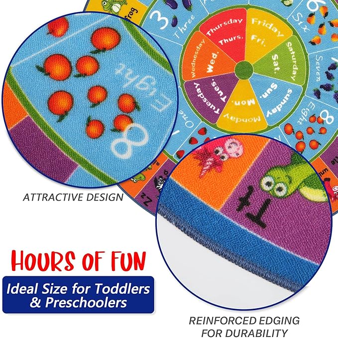 HEBE Kids Play Rug 4ft ABC Alphabet Numbers Shapes Educational Kid Area Rug Washable Baby Crawling Mat Non Slip Kid Play Mat Carpet for Girl Boy Bedroom Playroom