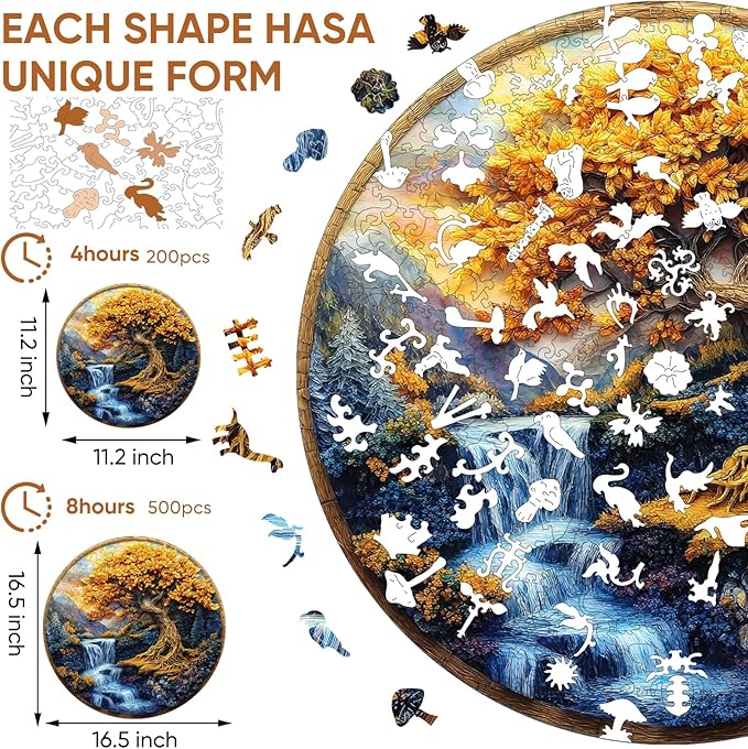Puzzles for Adults, Tree of Life Waterfall River Wooden Jigsaw Puzzles 200pcs,11.2x112in, Medium, Unique Shape Adult Puzzles,Irregular Wood Creative for Adults and Kids Family Game
