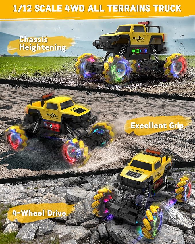 Programmable RC Truck, 1:12 Remote Control Stunt Monster Car with 360° Rotating, Drift, One-Key Demo, 4WD All-Offroad Cars with Spray Music Dance Hobby Truck Gift for 6-12 Boys Grils Christmas