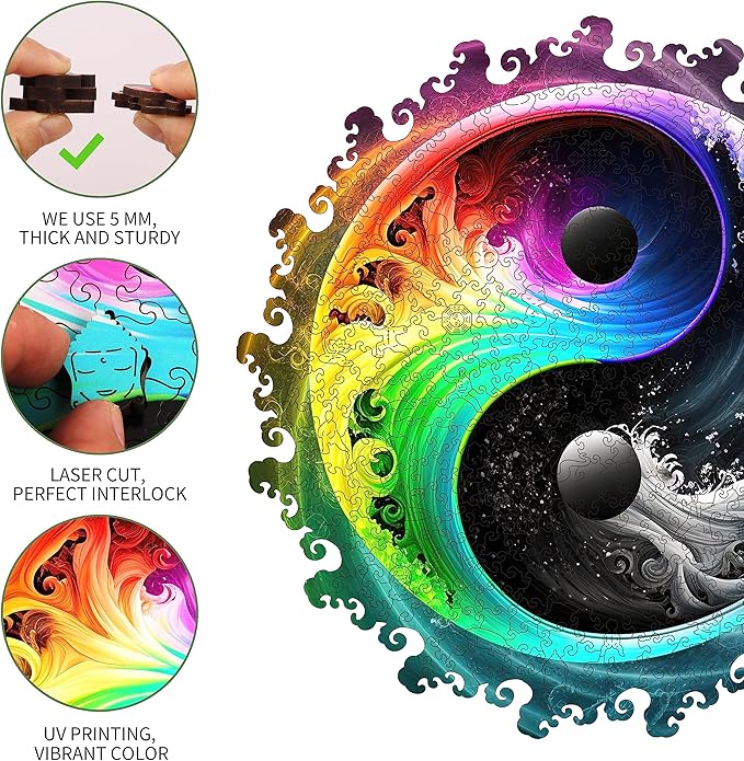 Unique Wooden Jigsaw Puzzles - Yin Yang Mandala, 500 Pcs King Size 16.8" x 16.8", Original Mandala Wood Puzzle, Beautiful Package, Best Gift for Adults