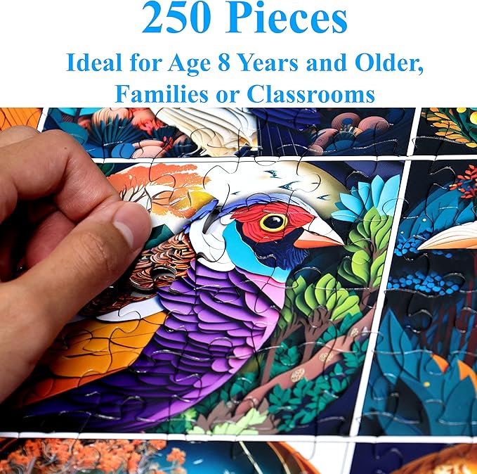 Think2Master Colorful World of Birds 250 Pieces Jigsaw Puzzle Featuring heartwarming Parent and Child Pairs. Fun Toy for Kids 8+, School & Families. Paper Cut Craft Style Size: 14.2” X 19.3”