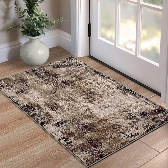 Entrance Rugs Indoor 2x3 Brown Entry Rug Washable Abstract Coffee Small Area Rug Non-Slip Low Pile Throw Rugs for Entryway, Kitchen Floor, Front Door Indoor Door Mat, Bathroom, Bedroom Bedside