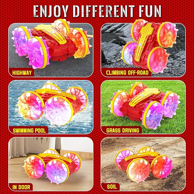 Amphibious RC Car with Lights for Kids 6-12 Year Old Gesture Sensor RC Stunt Cars Boat 4WD 2.4GHz Waterproof Hand Controlled Remote Control Car 360° Rotating Water Beach Pool Toys Gift for Boys Girls