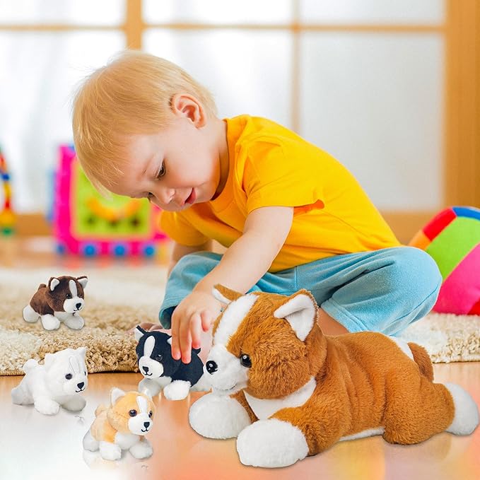 5 Pcs Corgi Stuffed Animal with 4 Babies Puppy Inside Big Mommy Dog Stuffed Animals in Zipper Belly Pouch, Cute Stuffed Corgi Plush Gifts for Kids Boys Girls Birthday Christmas Easter Stuffers Gifts