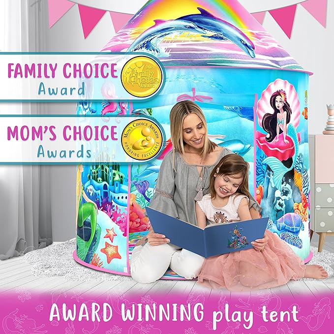 W&O Musical Mermaid Tent with Under-The-Sea Button - Captivating Pop Up Tent for Girls - Perfect for Indoor & Outdoor Play