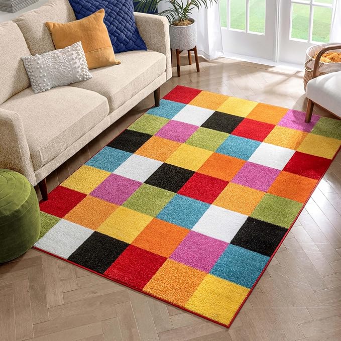 Modern Squares Multi Geometric Area Rug (7'10" x 10'6") Abstract Checkerborad Boxes Bright Living Kid RoomPlayroom Nursery Bedroom Carpet Soft Durable Stain Fade Resistant Shed Free Easy Clean
