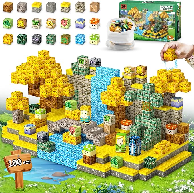 Magnetic Blocks Toys, 100PCS Magnetic Building Blocks Toys Based on Classic Games, STEM Magnets Sensory Toys for Kids, Magnetic Building Blocks Suitable for Boys Girls 4+ (Yellow)