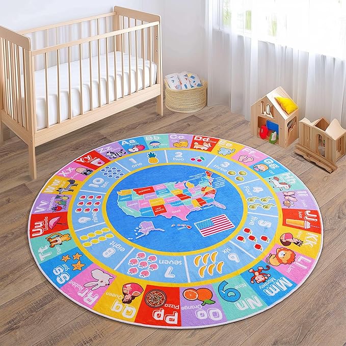 Kids Rugs for Playroom - Soft & Non-Slip 4x4 Feet Round Educational Rug for Learning ABC Alphabet, Numbers, Shapes & Map, Washable Classroom Rug for Toddler Nursery & Kids Room Decor