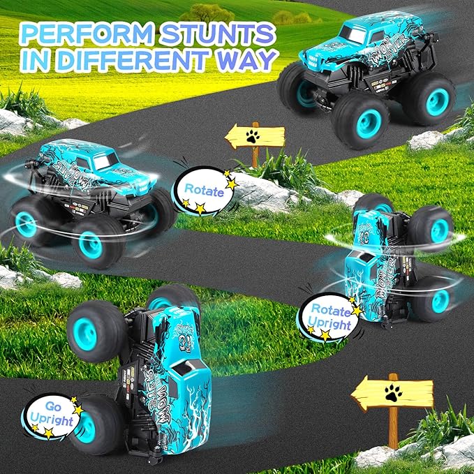 Remote Control Car, 2.4Ghz All Terrain Monster Truck Toys, RC Truck with Music, 3 Lighting Effects, 360 Stunt Capable, All Included Ready to Run, Toy Gifts for Boys and Girls (Blue)