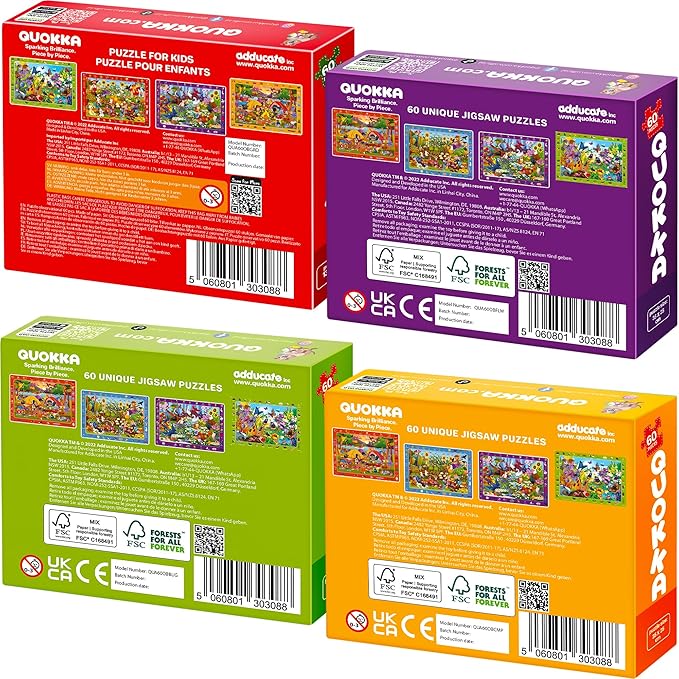 QUOKKA Puzzles for Kids Ages 6-8 - Toddler Puzzles Ages 4-6 - 4-Pack 60 Piece Search and Find Animals and Bugs Jigsaw Puzzle 5-8 - Learning Toys for 3 Year Old Boys and Girls - Educational Games Gift