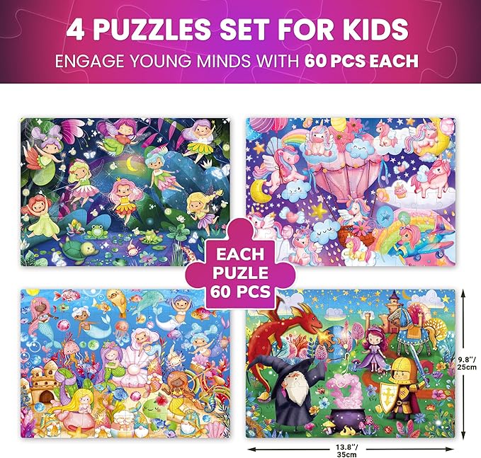 QUOKKA 4x60 Piece Puzzles for Kids Ages 4-6 – Glow-in-The-Dark Puzzles for Kids 4-8 I Unicorns, Mermaids, Fairy Tale I Fun Educational Toddler Puzzle for Boys and Girls – Educational Game Toys Gift