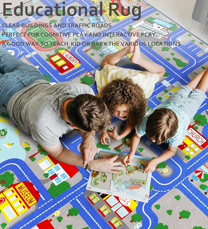 Educational Road Traffic Carpet Kids Carpet Playmat Car Rug Fun City Life Map Kids Car Rug Non Slip Play Carpet for Children Playroom Bedroom Classroom Decor (Blue, 6'6''x9'8'')