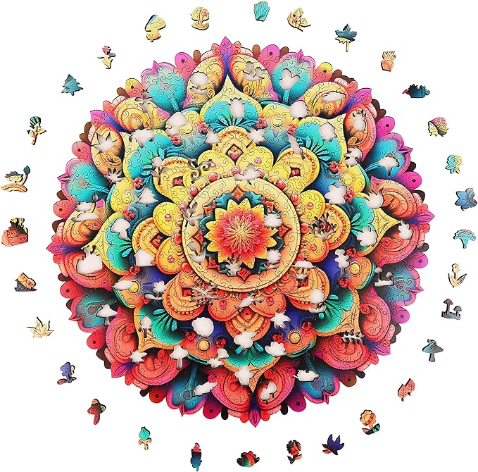 Unique Wooden Jigsaw Puzzles - Flower Mandala, 500 Pcs King Size 16.5'' x 16.4'', Luxurious Shaped Wood Puzzle, Beautiful Package, Best Gift for Adults and Kids, Family Game