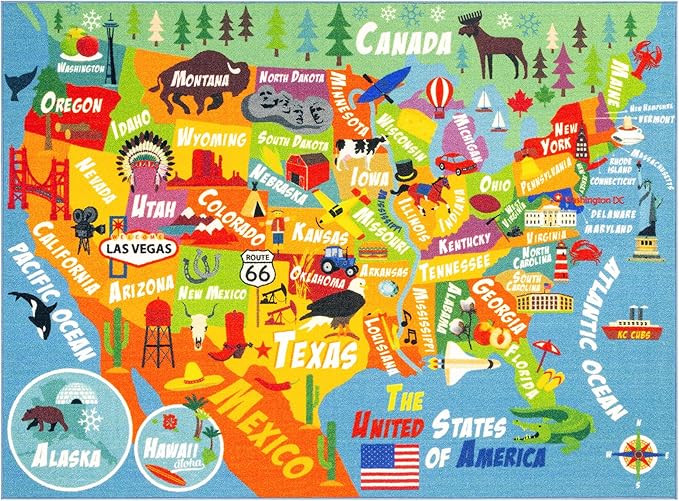 KC Cubs Playtime Collection USA United States Map Educational Learning & Game Area Rug Carpet for Kids and Children Bedrooms and Playroom (3'3" x 4'7")
