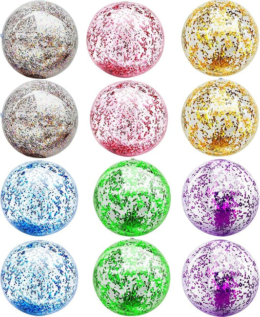 12 Pack Inflatable Beach Balls Bulk 16" Glitters Pool Toys Balls for Pool, Beach, Summer Pool Party - Swimming Pool Game Water Beach Toys Kid Party Favor Summer Decoration Essential Blow Up Beach Ball