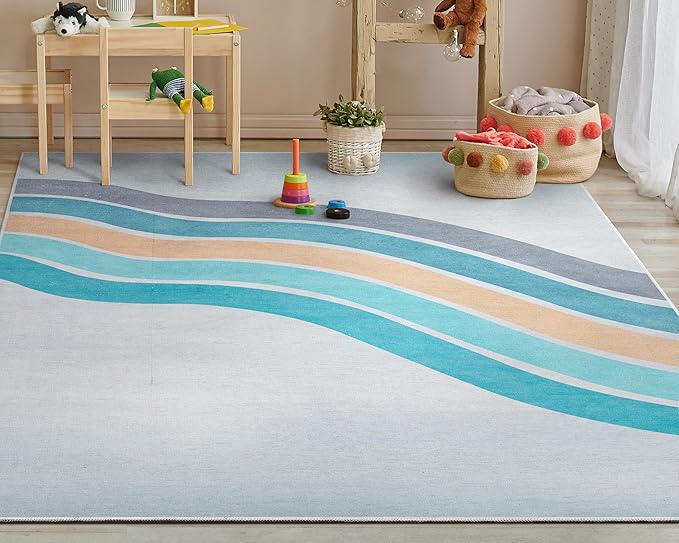 Well Woven Kids Rugs Curved Rainbow 3'3" x 5' Multi Blue Kids Area Rug