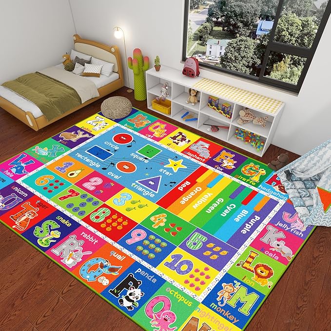ABC Carpet, Kids Rugs for Playroom, Educational Play Mat for Kids, Preschool Rugs with ABC, Numbers, Animals Learning Rugs for Bedroom Playroom Classroom Baby Toddler Children (Blue, 59X39.4 INCH)