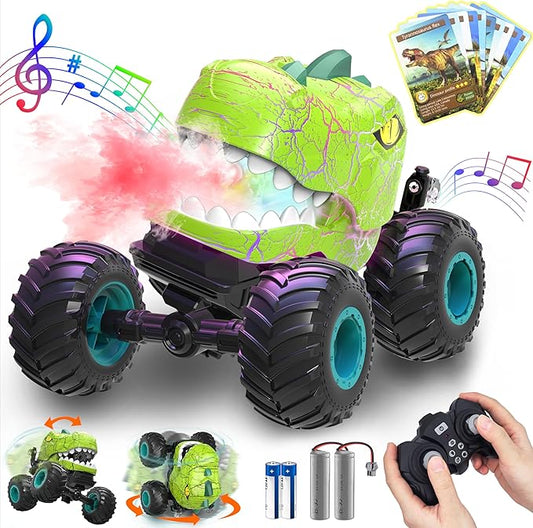 Monster Truck Toys for Boys Age 4-7, Remote Control Dinosaur Cars with Dino FlashCard, T Rex Dinosaur Toys 2 Battery, Spray, Light, Music, Remote Control Car Kids 4 5 6 7 8 Years Old Boy Gift
