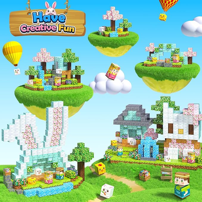 108PCS Magnetic Blocks Kids Magnet Toys, Large 1 inch Building Cubes with Puzzle Panel, Mine Magworld Easter Bunny Garden Building Crafts, Sensory Learning Toys Gift for 3+ Year Old Boys Girls